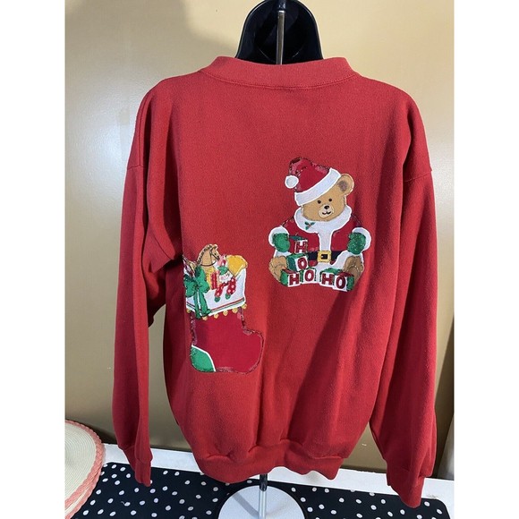 Vintage Embroidered/ Puppies In Sleigh Santa With Gifts 2side Sweatshirt Size XL - Picture 7 of 16